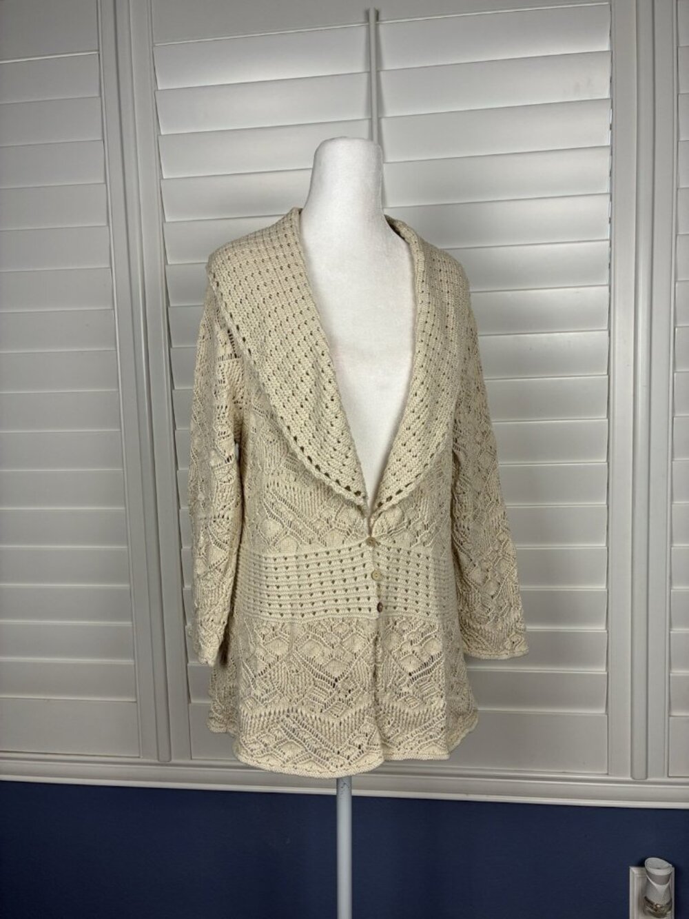 JM Collection Women’s XL Cream Crochet Openwork Long Cardigan Shawl Collar